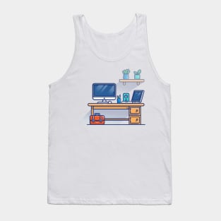 Desk, Monitor, Mouse, Stationary, Laptop, Speaker, Workbag And Plants Cartoon Tank Top